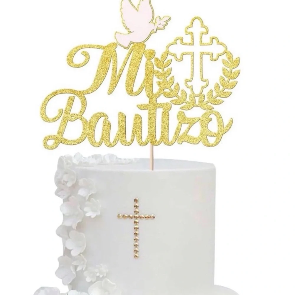 Gold 'Mi Bautizo' Cake Topper with Dove and Cross – Baptism Celebration Decor